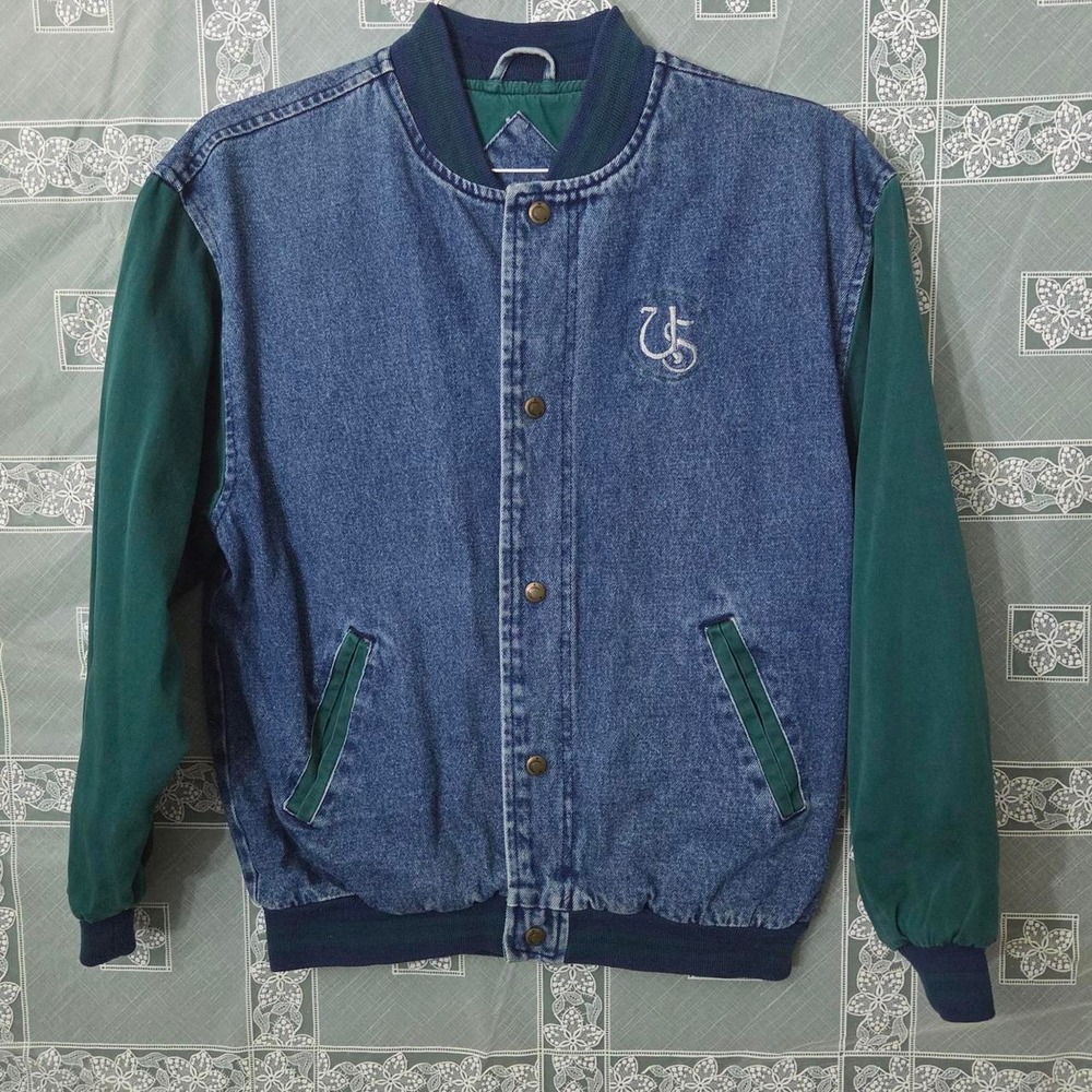 Vintage Luna Pier Denim Varsity Jacket Blue Green 90s Retro Uphoff Studio 14-16
